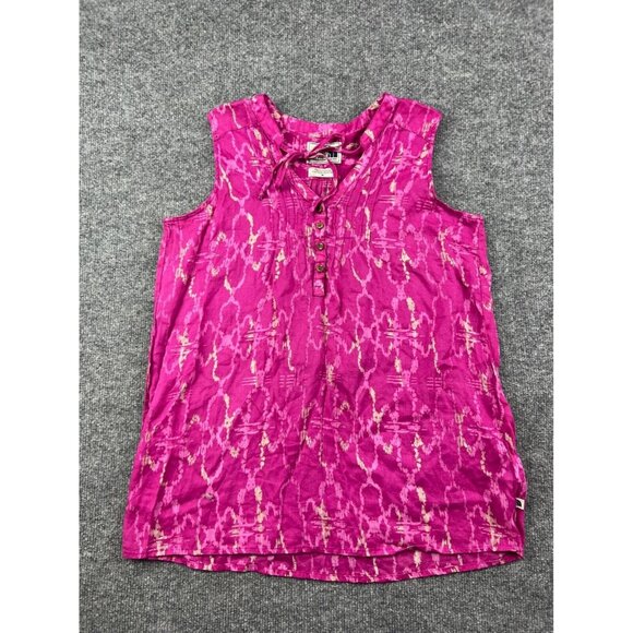 The North Face Sleeveless Blouse Women's Medium Pink Print Buttons Tie Neck - Picture 1 of 7